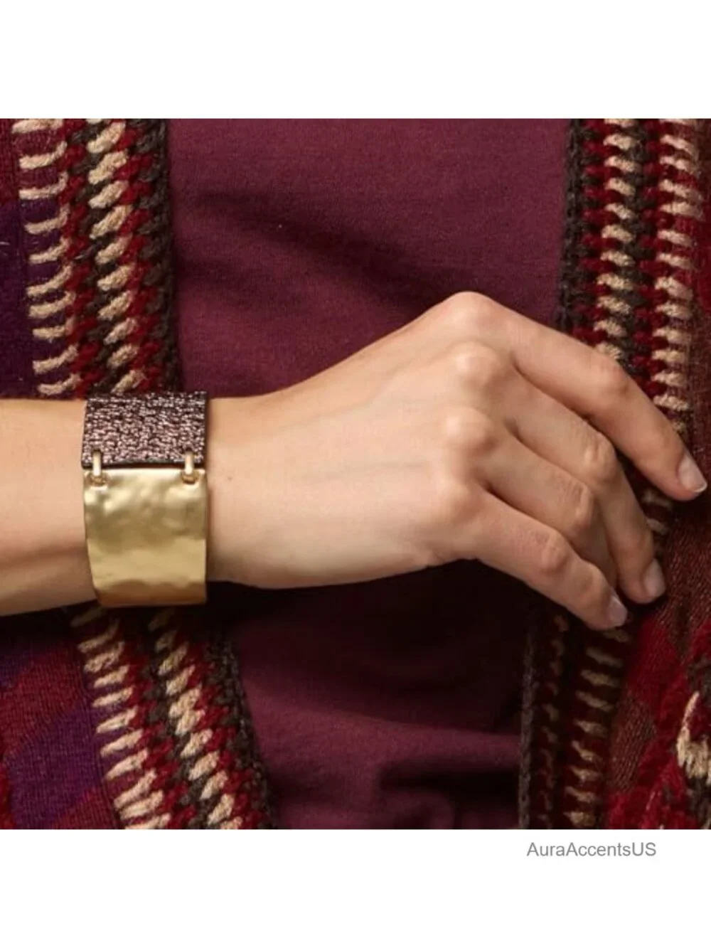 Chunky Leather Wrap Bracelet for Women with Gold Metal Accent Statement Bangle